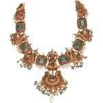 22KT Nakshi Work Temple Necklace with Green Stones For Women's